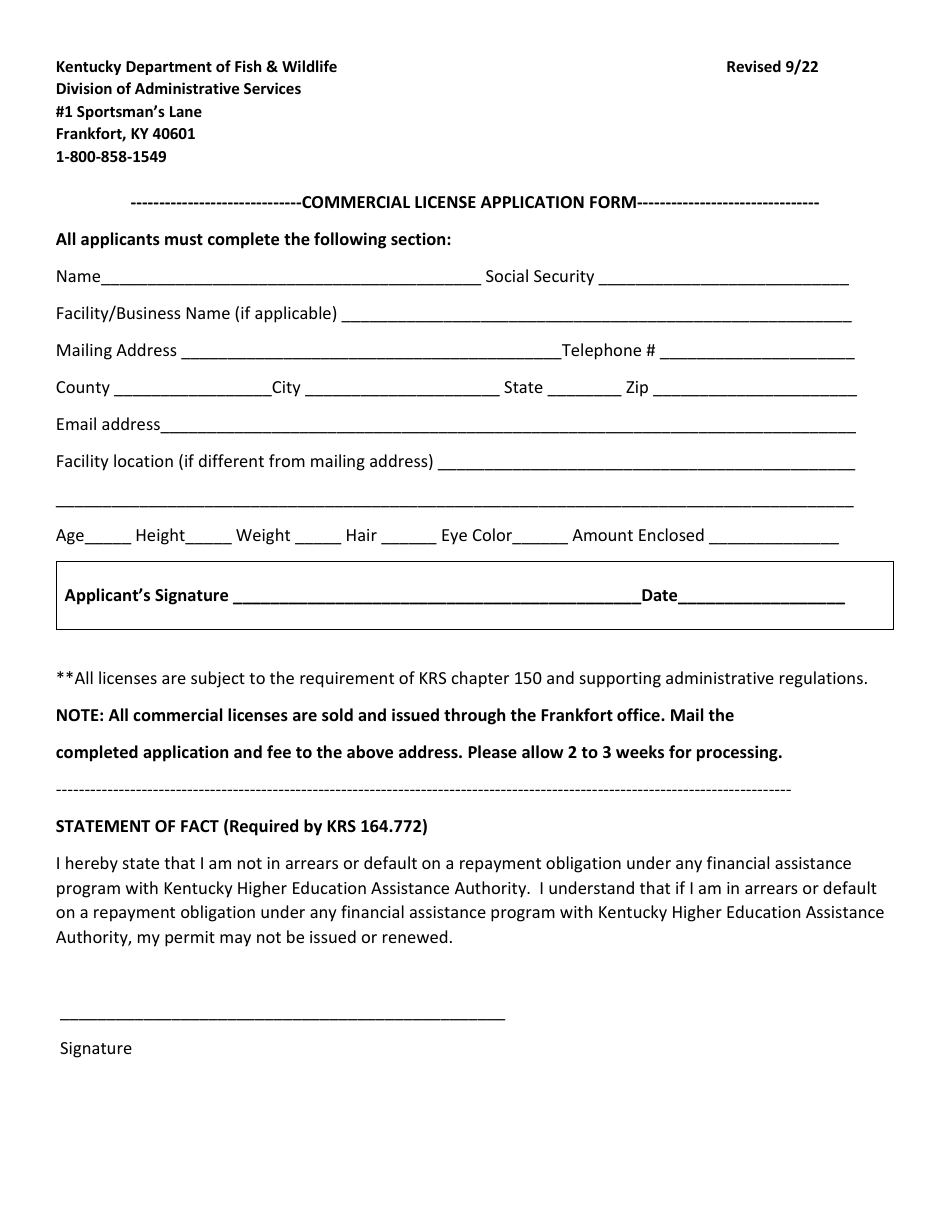 Commercial License Application Form - Kentucky, Page 1