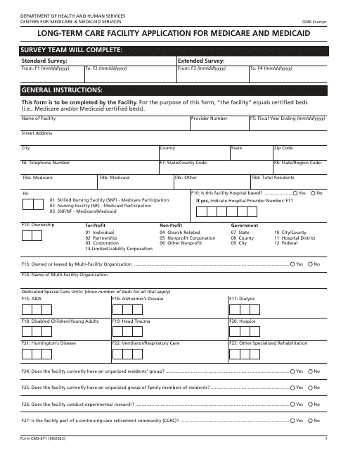 Form CMS-671 Long-Term Care Facility Application for Medicare and Medicaid