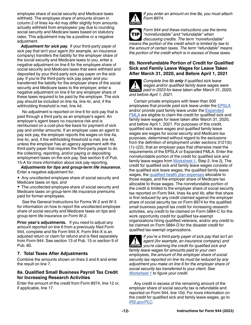 Instructions for IRS Form 944 Employers Annual Federal Tax Return, Page 12