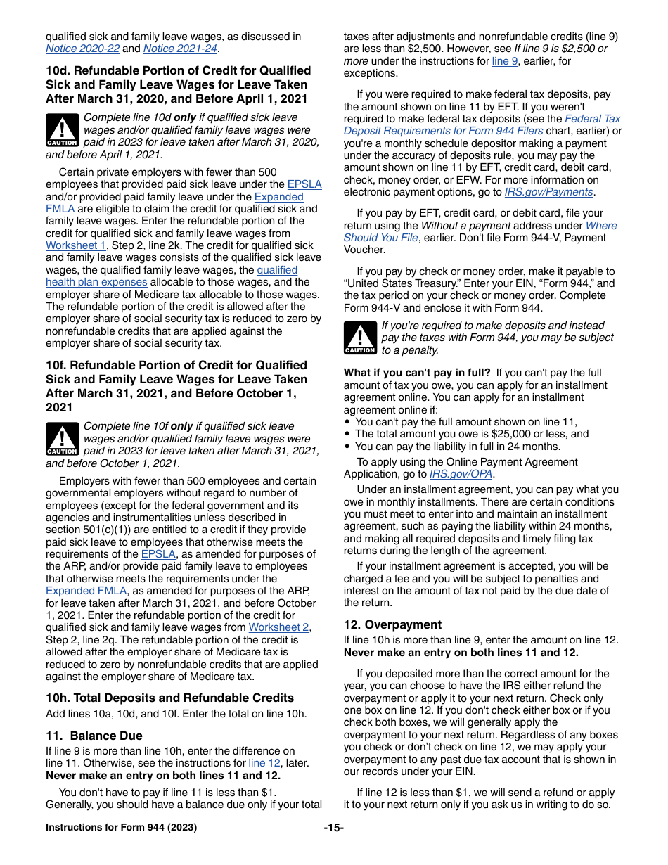 Instructions for IRS Form 944 Employers Annual Federal Tax Return, Page 15