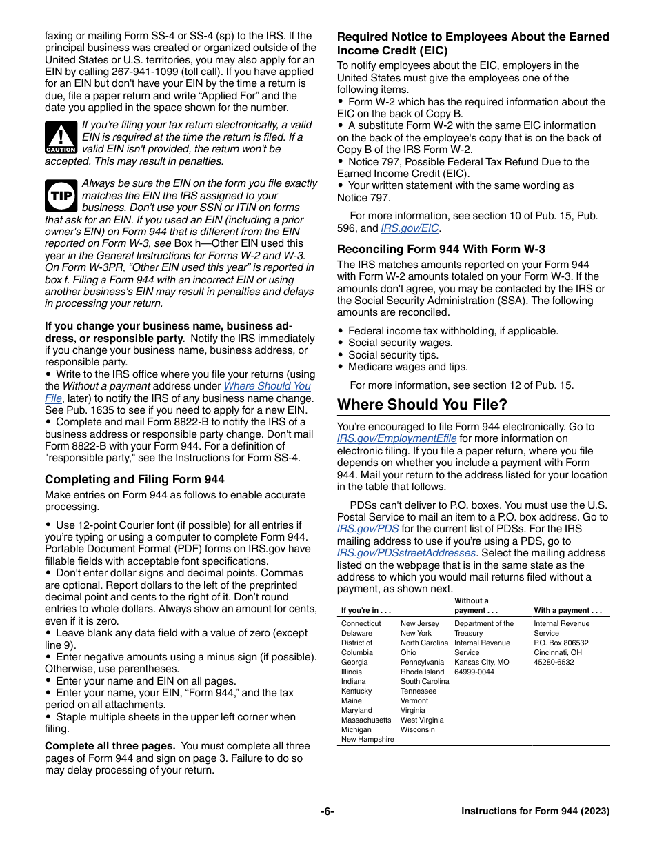 Instructions for IRS Form 944 Employers Annual Federal Tax Return, Page 6