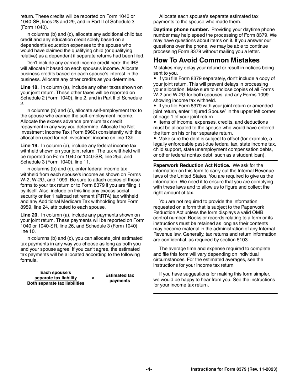 Download Instructions for IRS Form 8379 Injured Spouse Allocation PDF