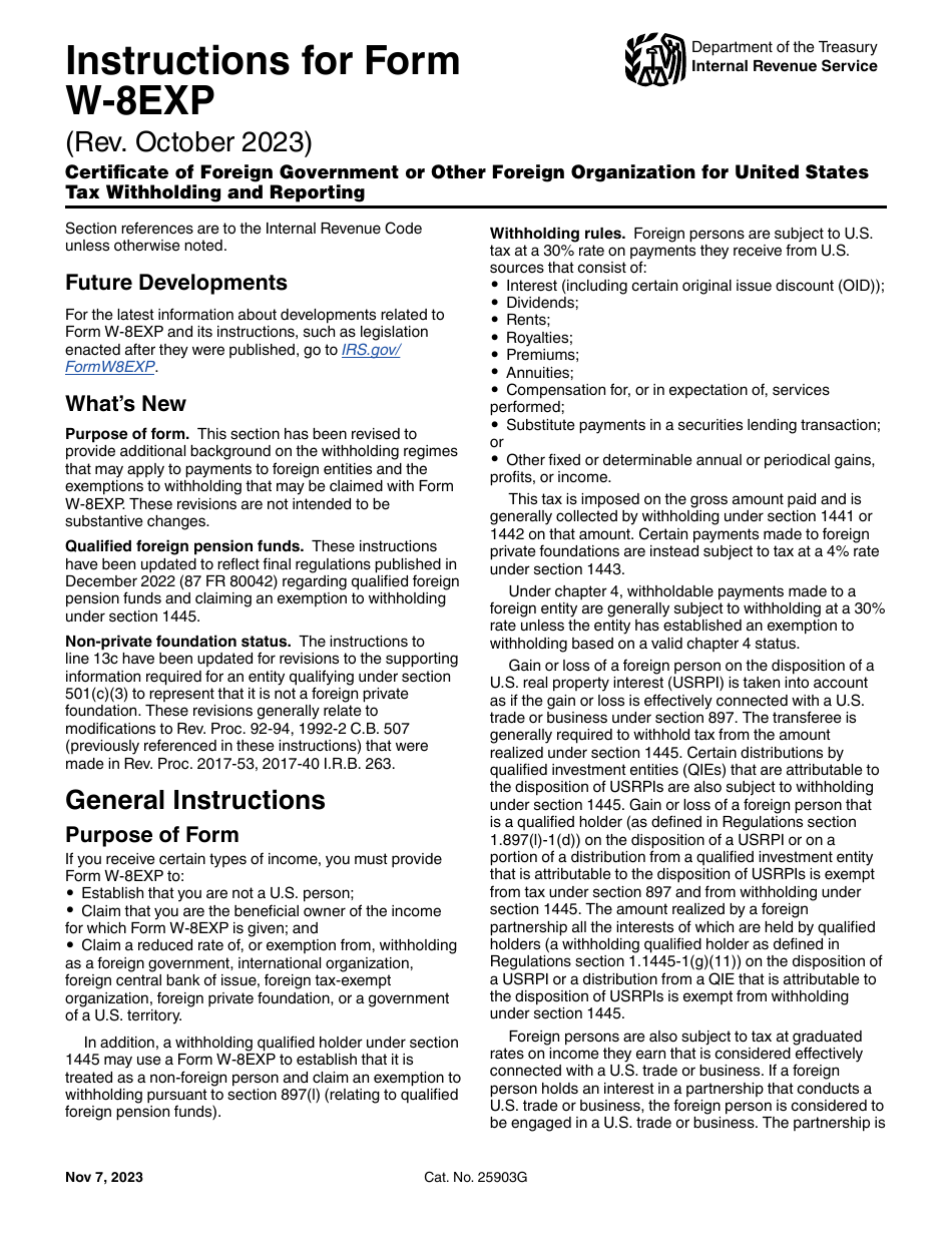 Instructions for IRS Form W-8EXP Certificate of Foreign Government or Other Foreign Organization for United States Tax Withholding and Reporting, Page 1
