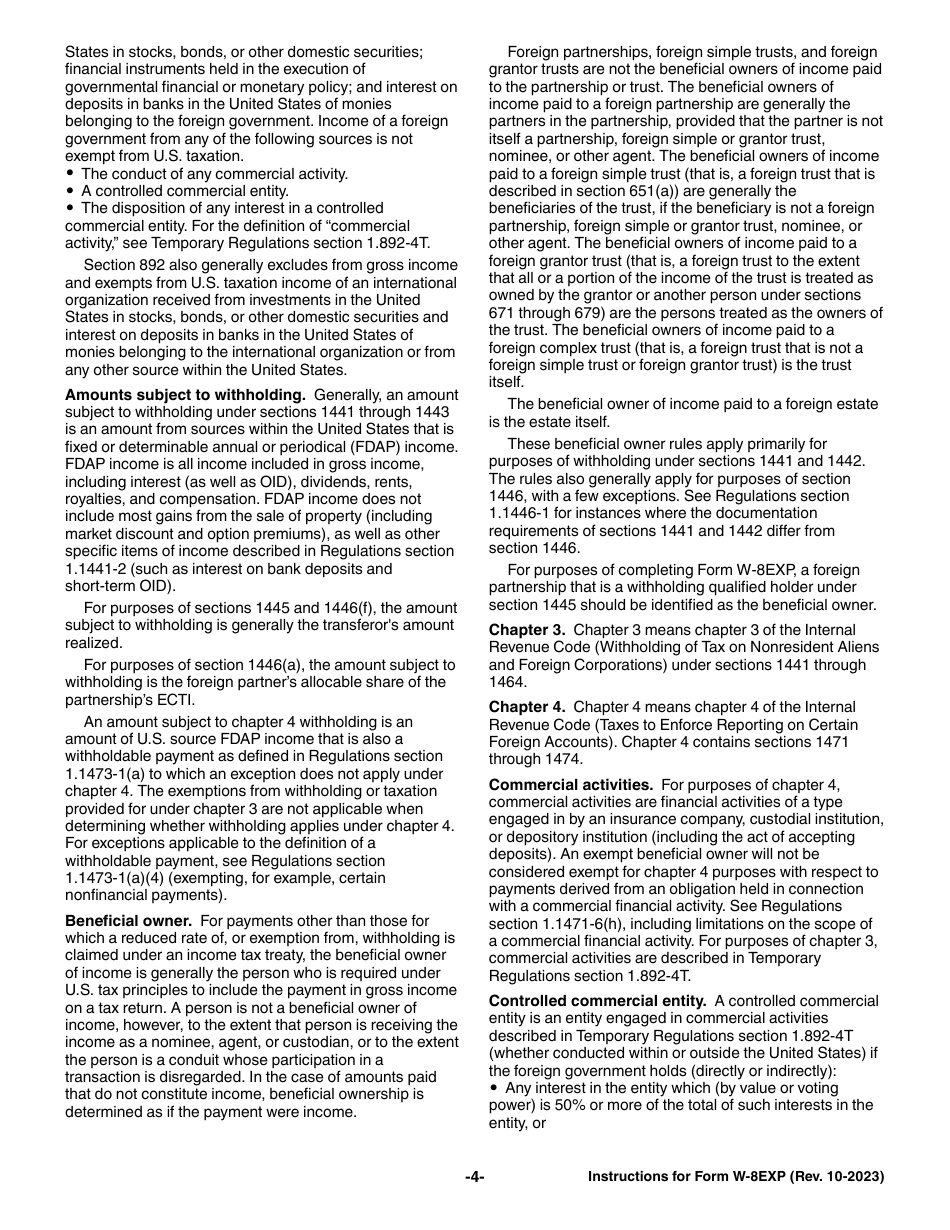 Instructions for IRS Form W-8EXP Certificate of Foreign Government or Other Foreign Organization for United States Tax Withholding and Reporting, Page 4
