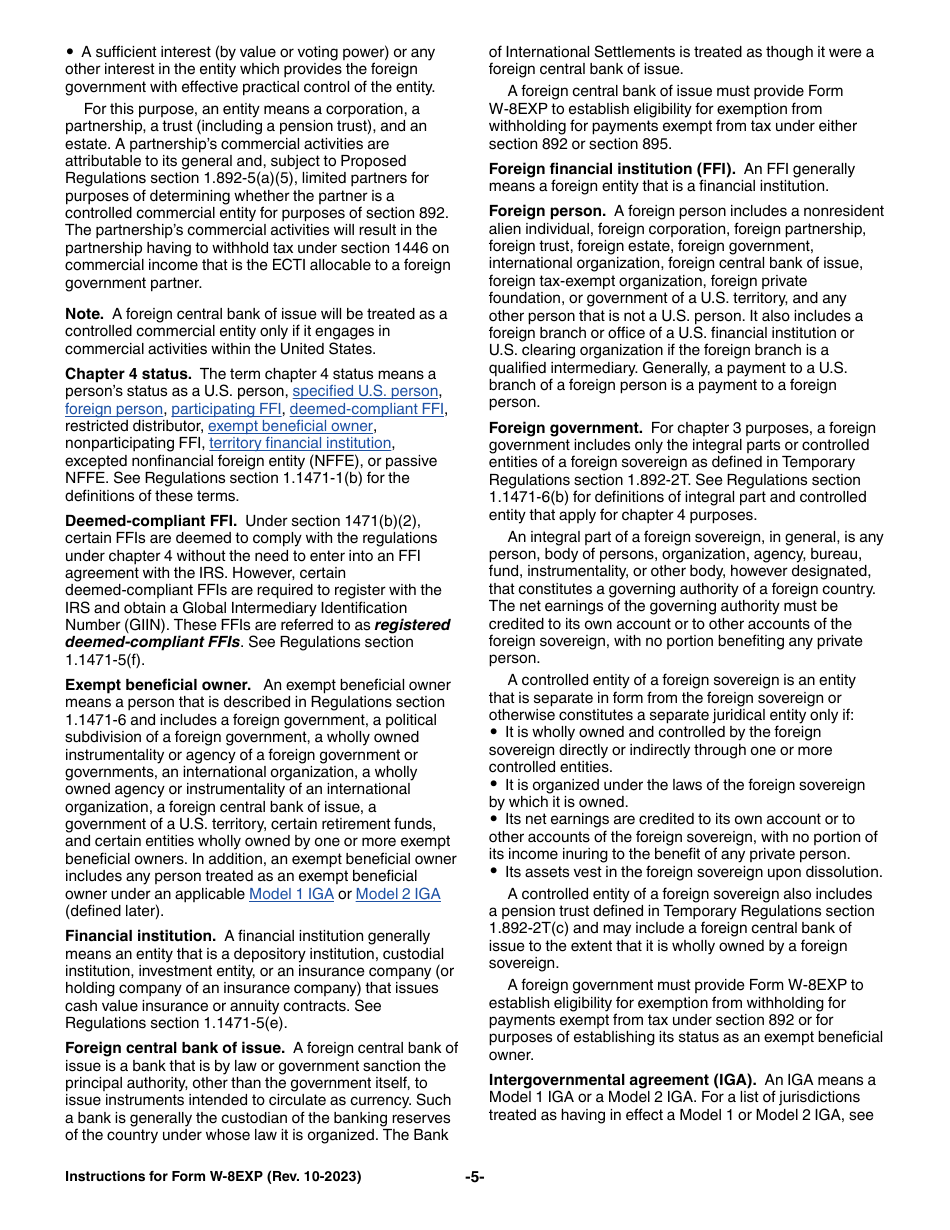 Instructions for IRS Form W-8EXP Certificate of Foreign Government or Other Foreign Organization for United States Tax Withholding and Reporting, Page 5