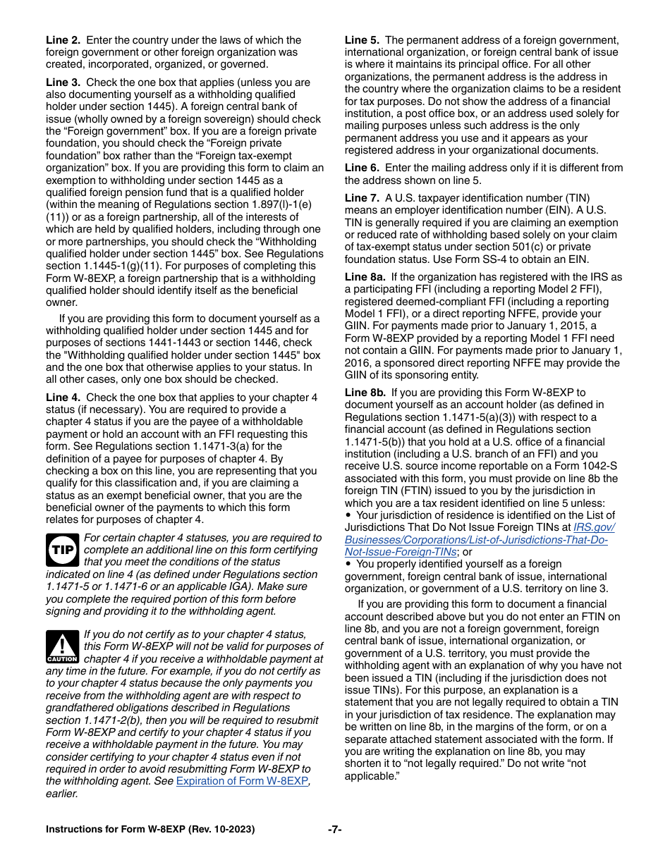 Instructions for IRS Form W-8EXP Certificate of Foreign Government or Other Foreign Organization for United States Tax Withholding and Reporting, Page 7