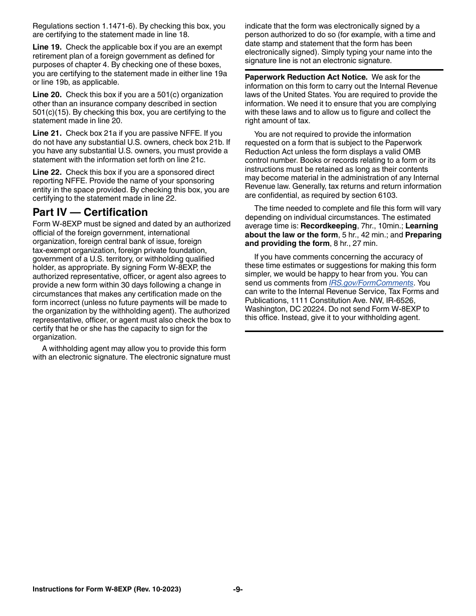 Instructions for IRS Form W-8EXP Certificate of Foreign Government or Other Foreign Organization for United States Tax Withholding and Reporting, Page 9