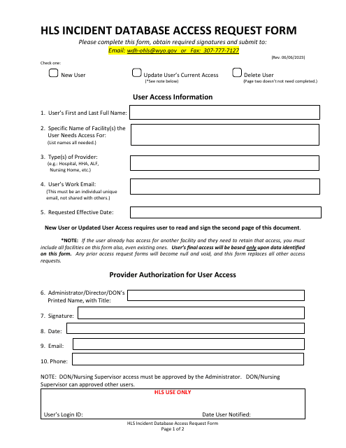 Hls Incident Database Access Request Form - Wyoming Download Pdf