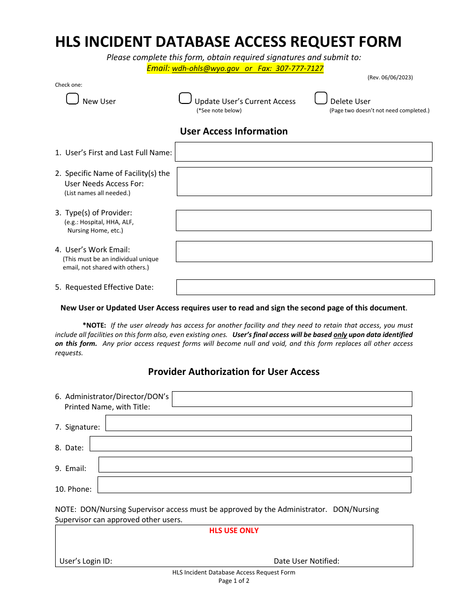 Hls Incident Database Access Request Form - Wyoming, Page 1