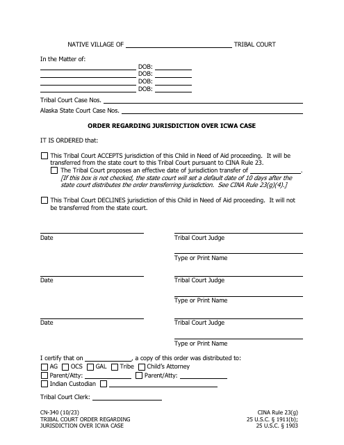 Form CN-340 Order Regarding Jurisdiction Over Icwa Case - Alaska