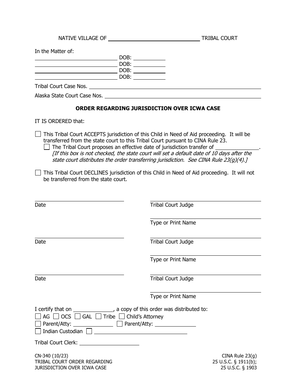 Form CN-340 Order Regarding Jurisdiction Over Icwa Case - Alaska, Page 1
