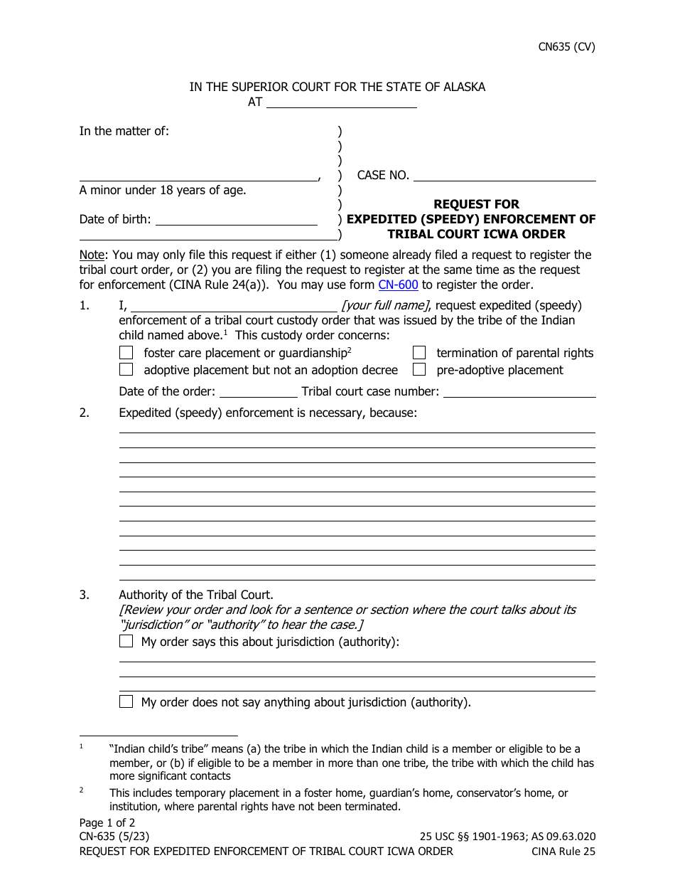 Form CN-635 Request for Expedited (Speedy) Enforcement of Tribal Court Icwa Order - Alaska, Page 1