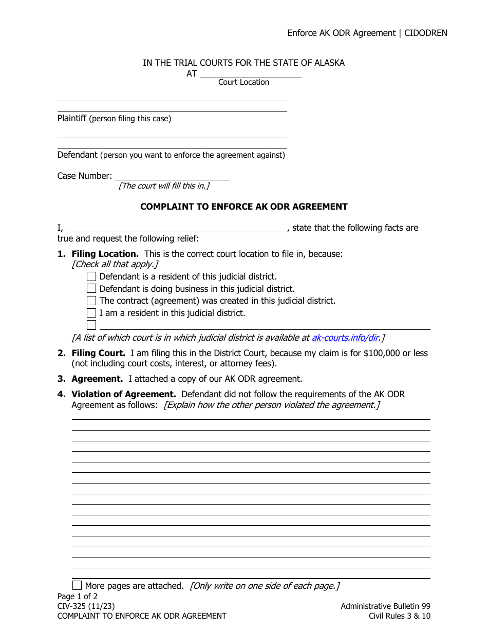 Form CIV-325 Complaint to Enforce Ak Odr Agreement - Alaska, Page 1