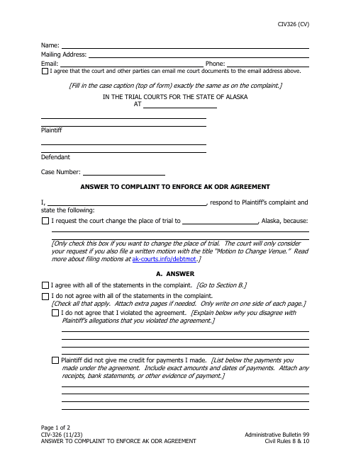 Form CIV-326 Answer to Complaint to Enforce Ak Odr Agreement - Alaska