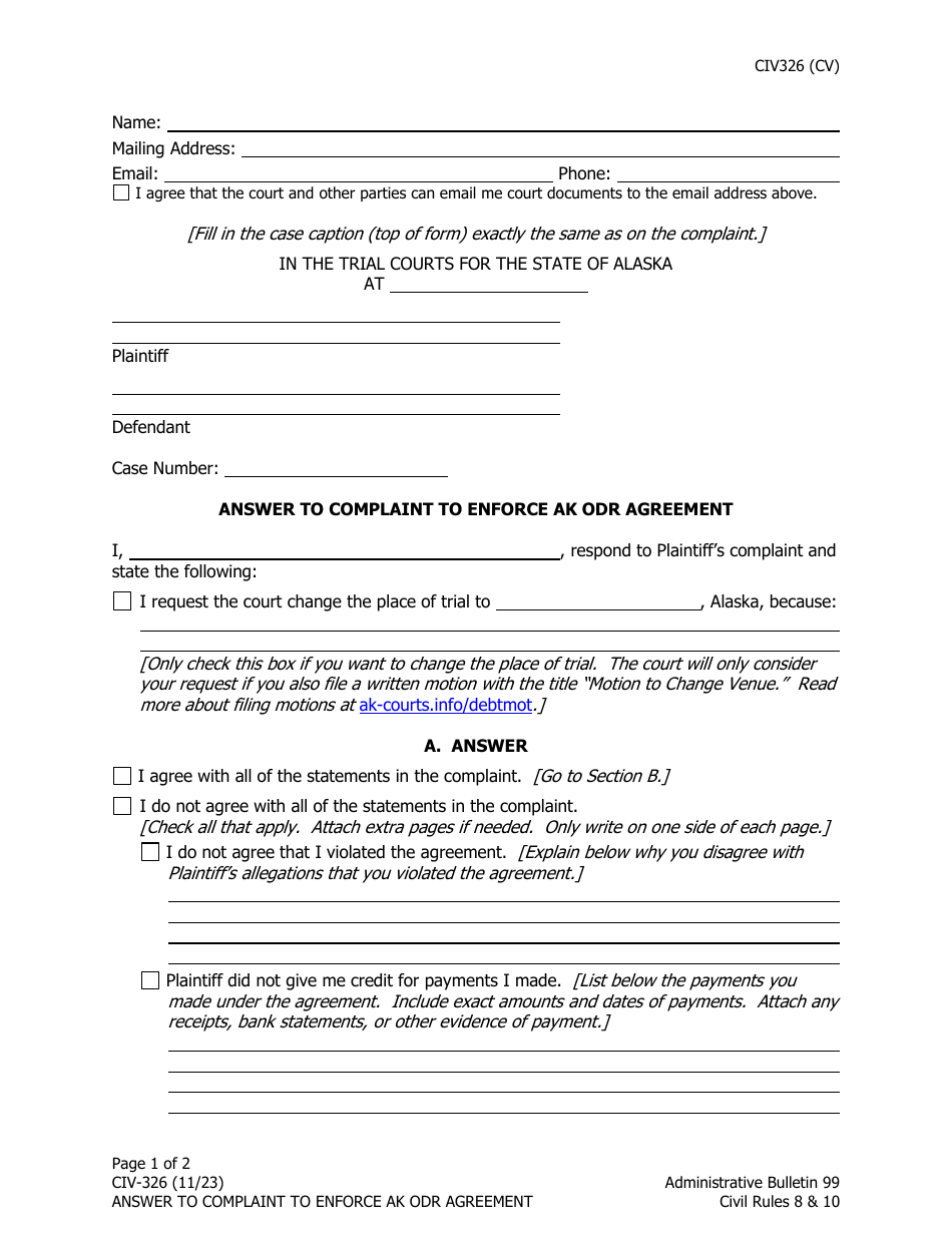 Form CIV-326 Answer to Complaint to Enforce Ak Odr Agreement - Alaska, Page 1