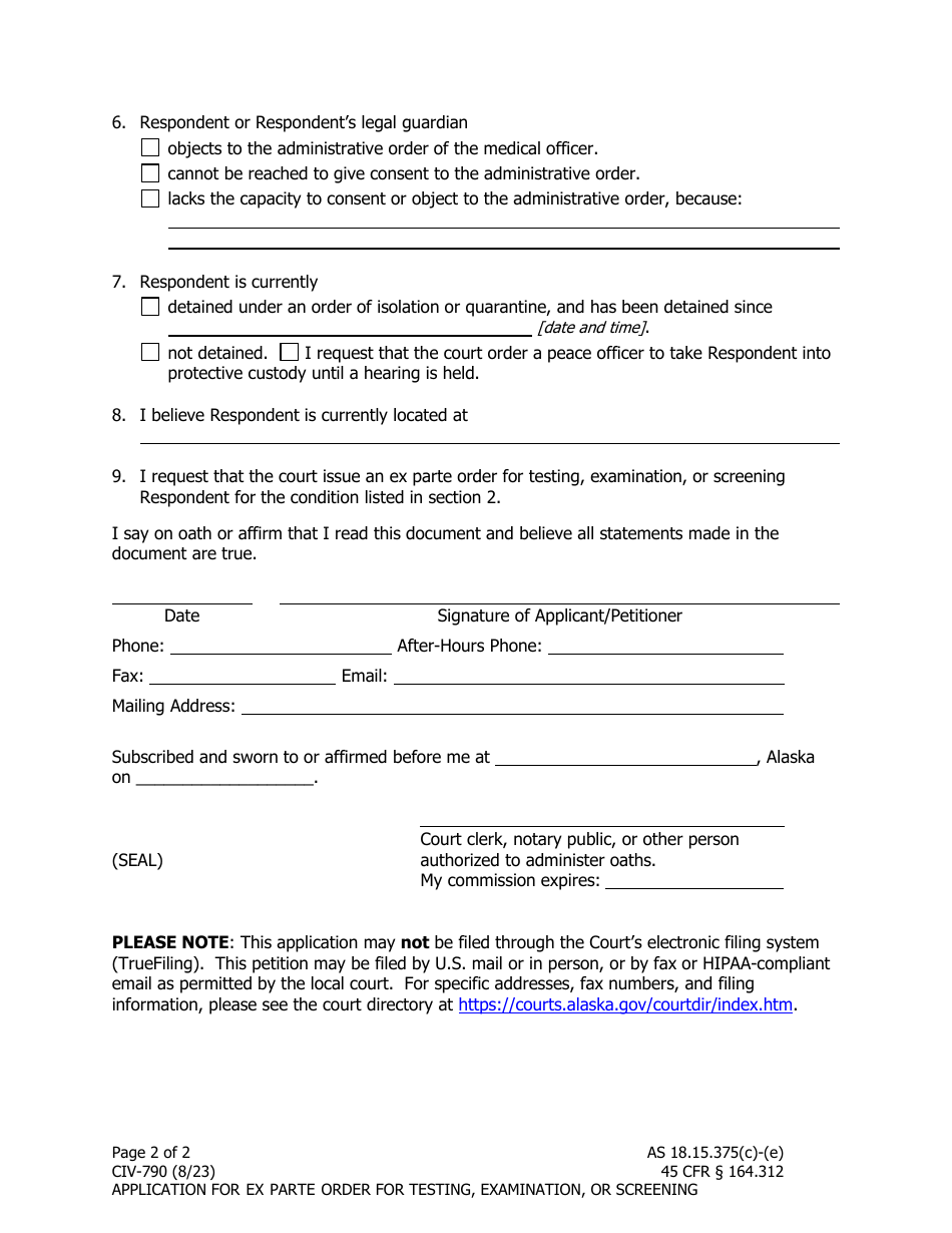 Form CIV-790 Application for Ex Parte Order for Testing, Examination, or Screening - Alaska, Page 2
