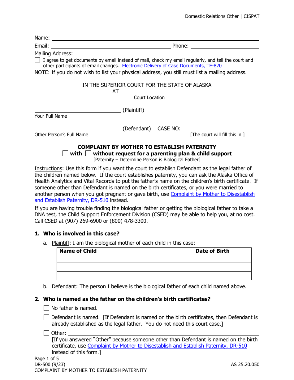Form DR-500 Complaint by Mother to Establish Paternity - Alaska, Page 1