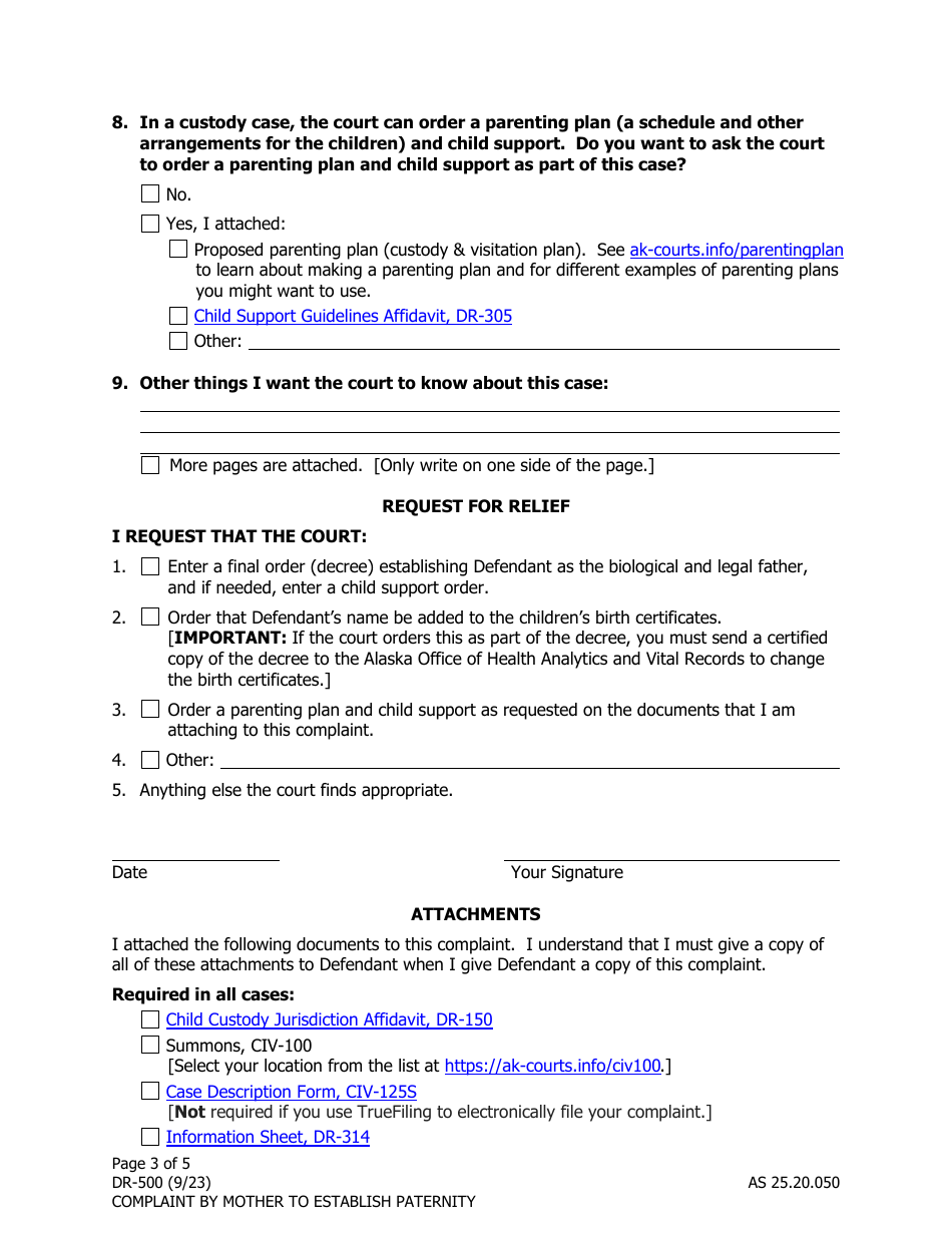 Form DR-500 Complaint by Mother to Establish Paternity - Alaska, Page 3