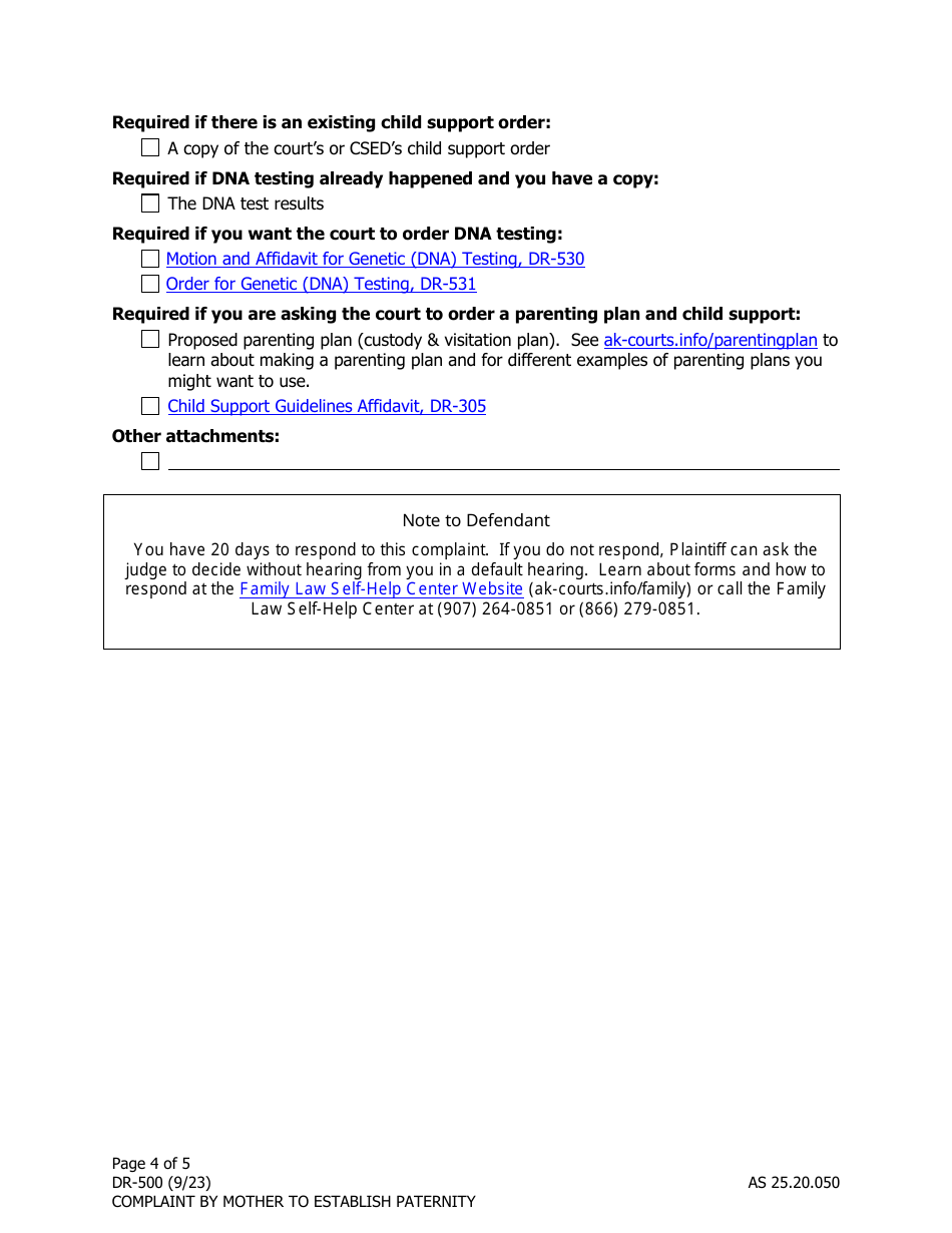 Form DR-500 Complaint by Mother to Establish Paternity - Alaska, Page 4