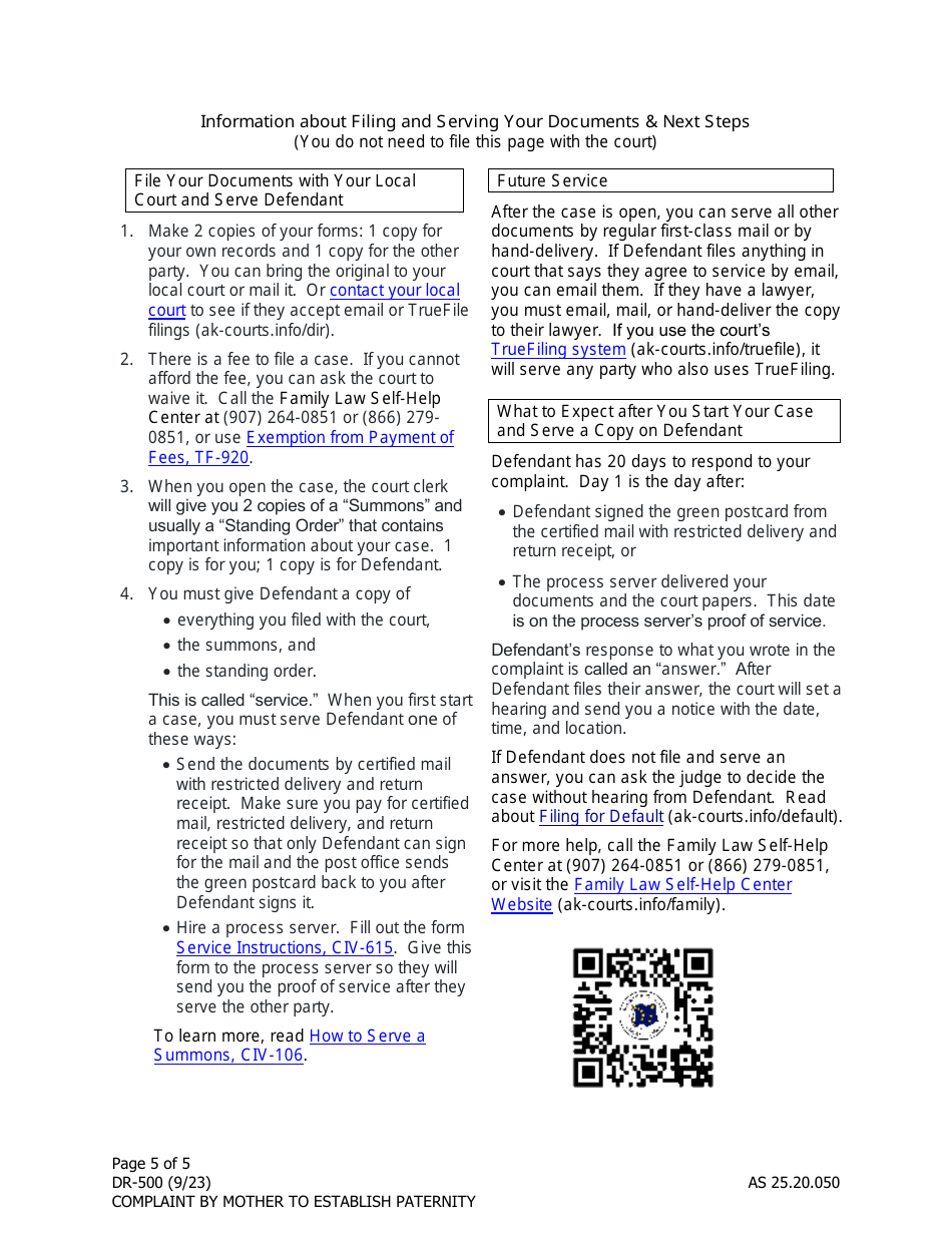Form DR-500 Complaint by Mother to Establish Paternity - Alaska, Page 5