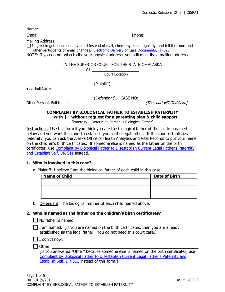 Form DR-501 Complaint by Biological Father to Establish Paternity - Alaska, Page 1