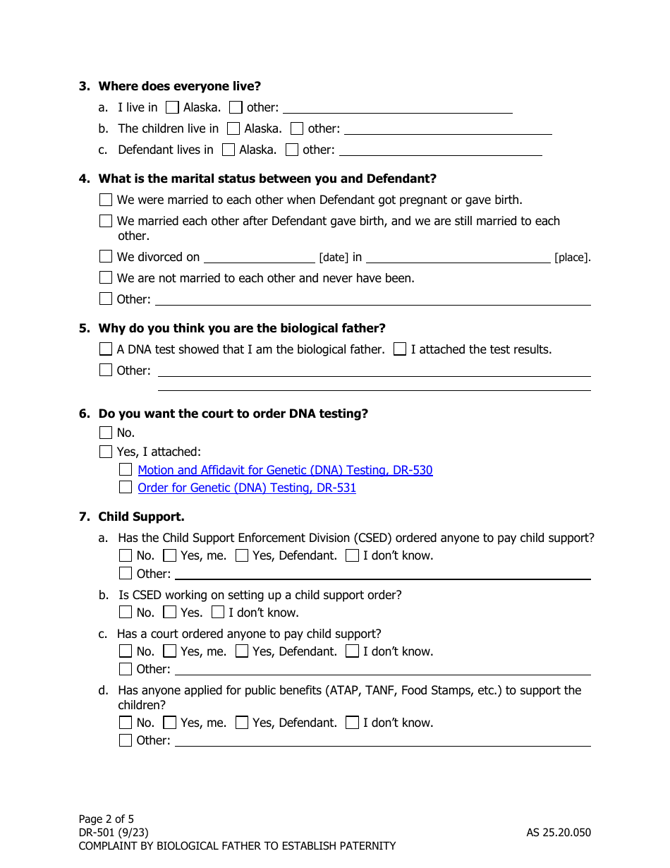 Form DR-501 Complaint by Biological Father to Establish Paternity - Alaska, Page 2