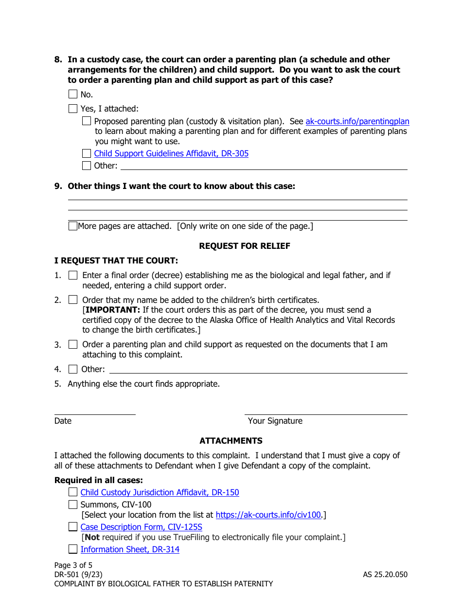 Form DR-501 Complaint by Biological Father to Establish Paternity - Alaska, Page 3