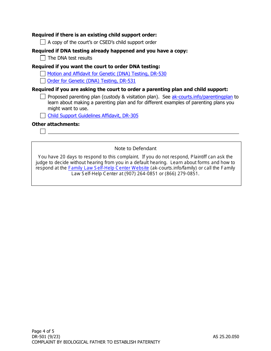 Form DR-501 Complaint by Biological Father to Establish Paternity - Alaska, Page 4
