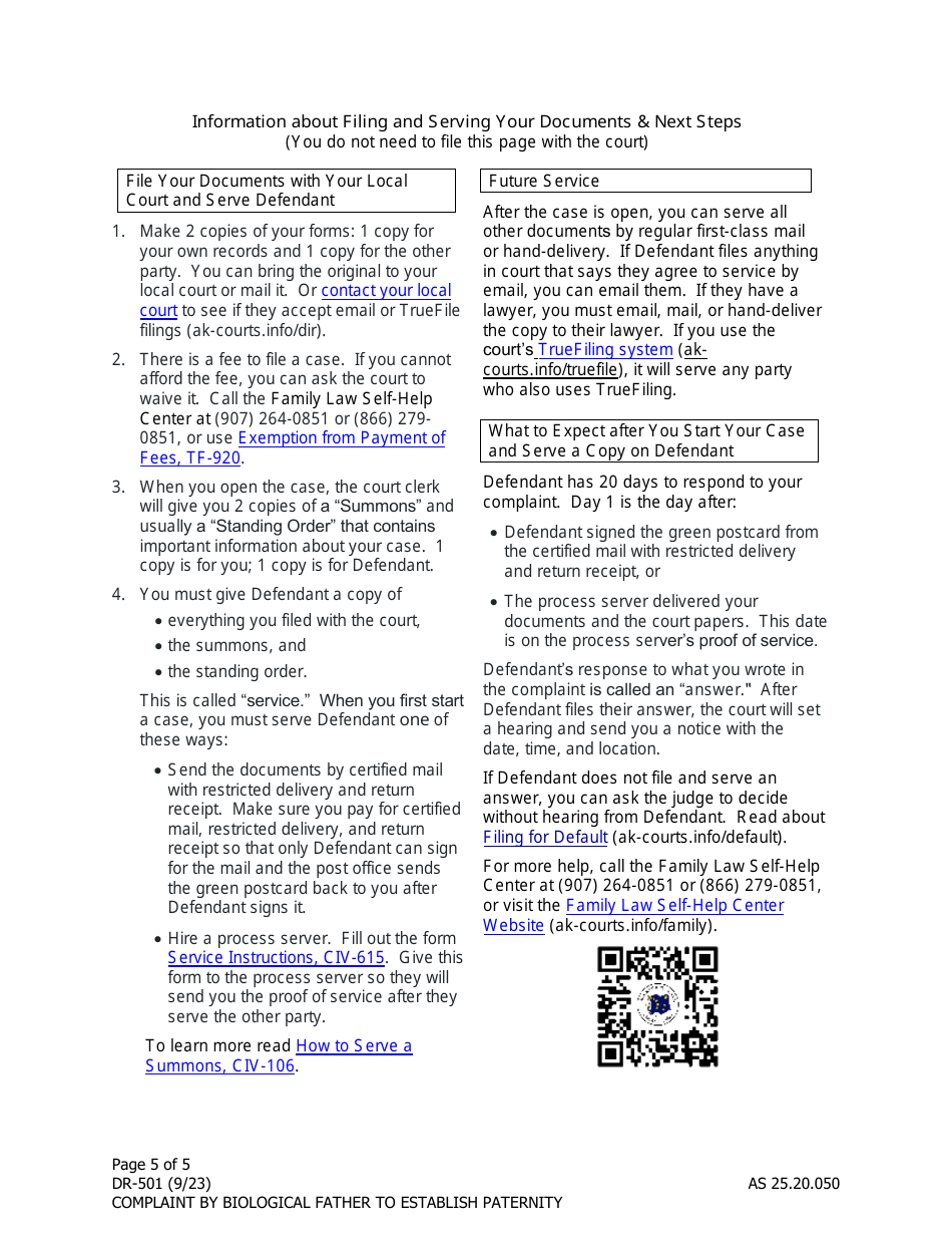 Form DR-501 Complaint by Biological Father to Establish Paternity - Alaska, Page 5