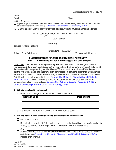 Form DR-520 Uncontested Complaint to Establish Paternity - Alaska