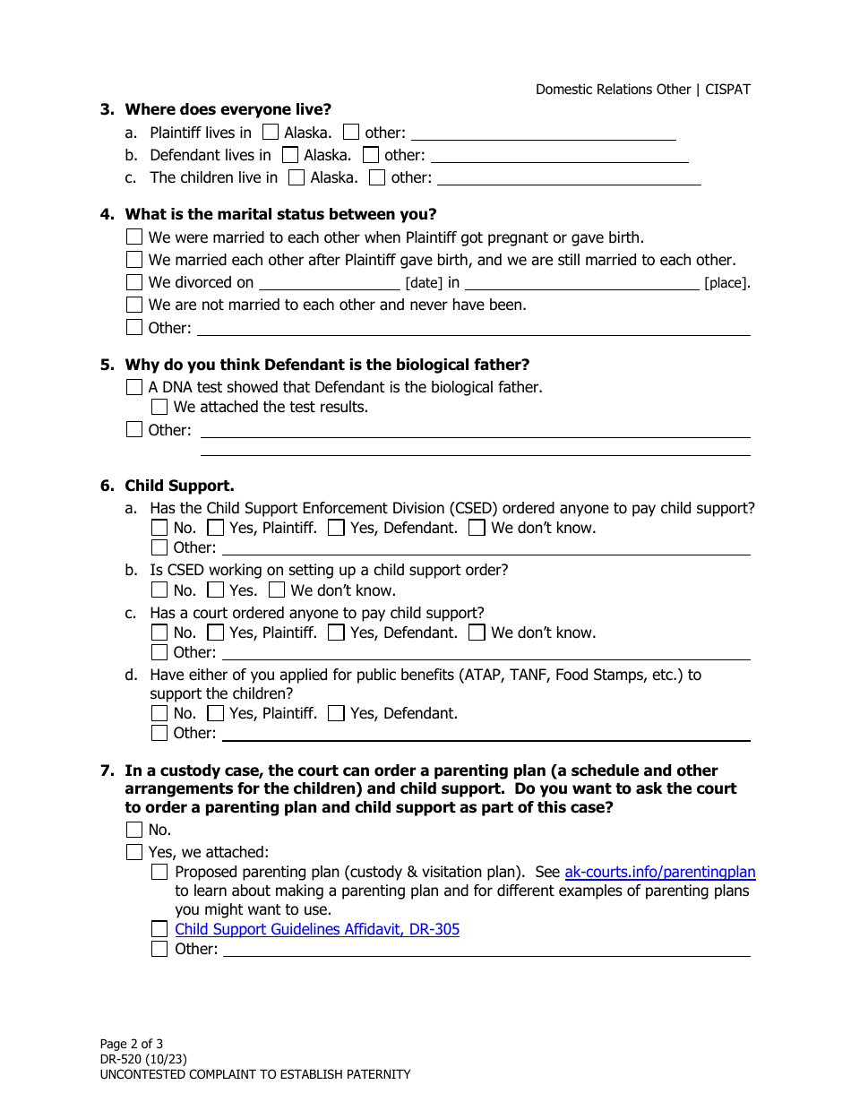 Form DR-520 Uncontested Complaint to Establish Paternity - Alaska, Page 2