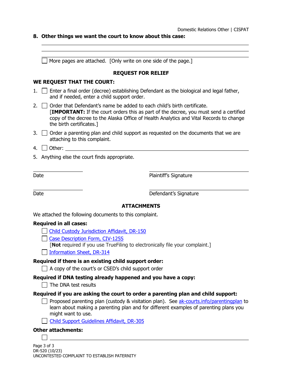 Form DR-520 Uncontested Complaint to Establish Paternity - Alaska, Page 3
