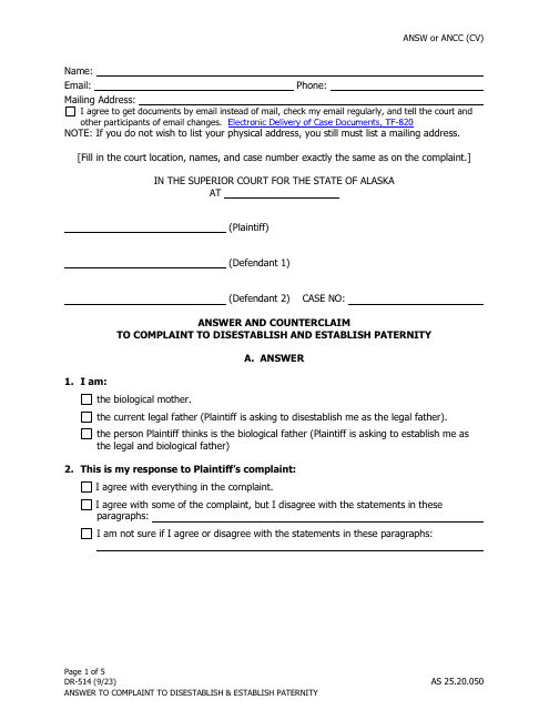 Form DR-514 Answer and Counterclaim to Complaint to Disestablish and Establish Paternity - Alaska