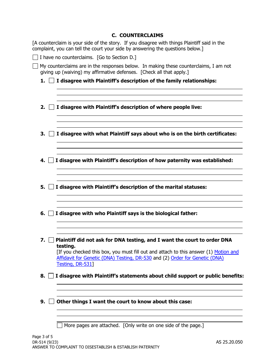 Form DR-514 Answer and Counterclaim to Complaint to Disestablish and Establish Paternity - Alaska, Page 3