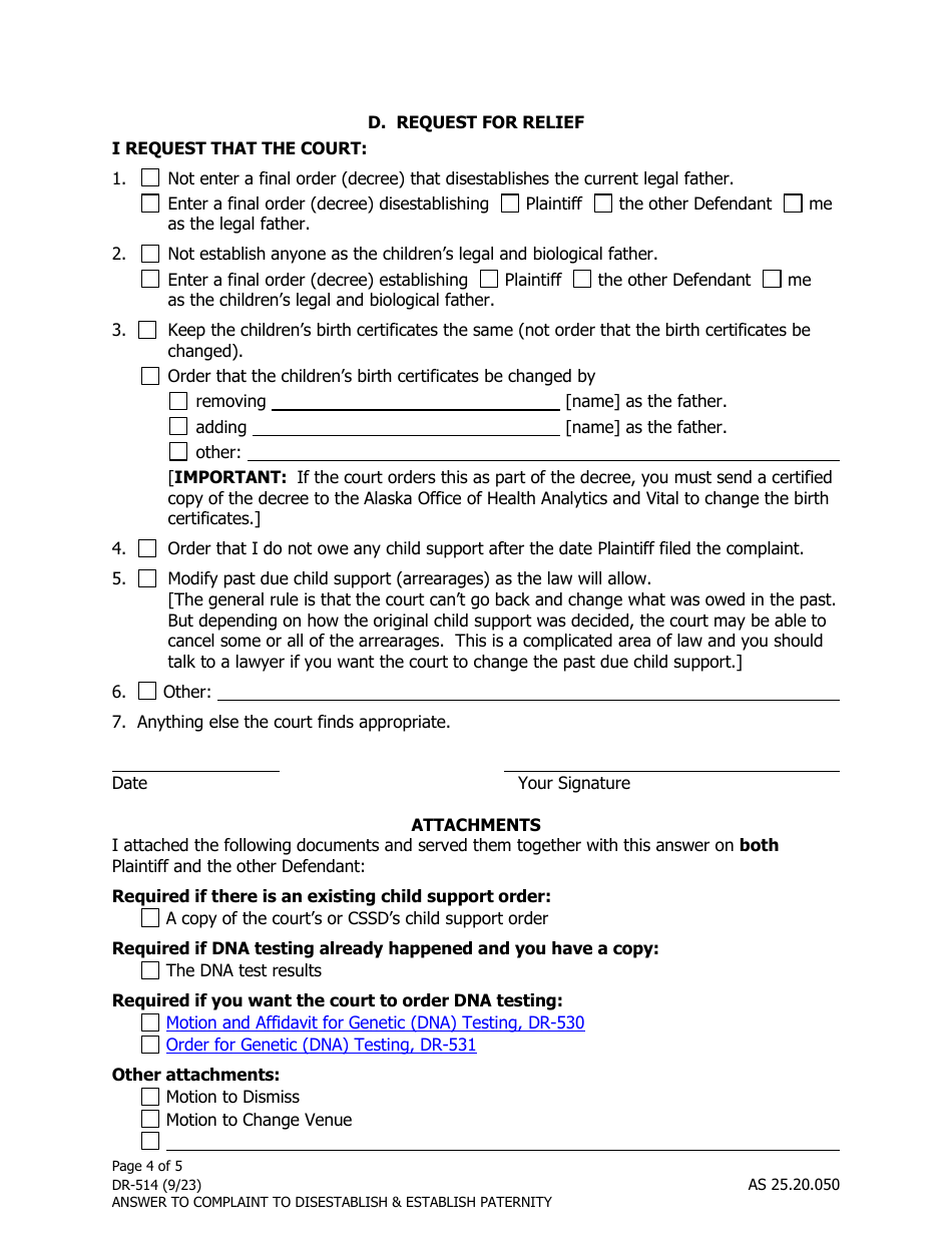 Form DR-514 Answer and Counterclaim to Complaint to Disestablish and Establish Paternity - Alaska, Page 4