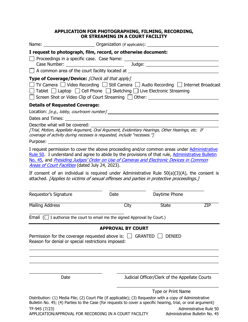 Form TF-945 Application for Photographing, Filming, Recording, or Streaming in a Court Facility - Alaska, Page 1