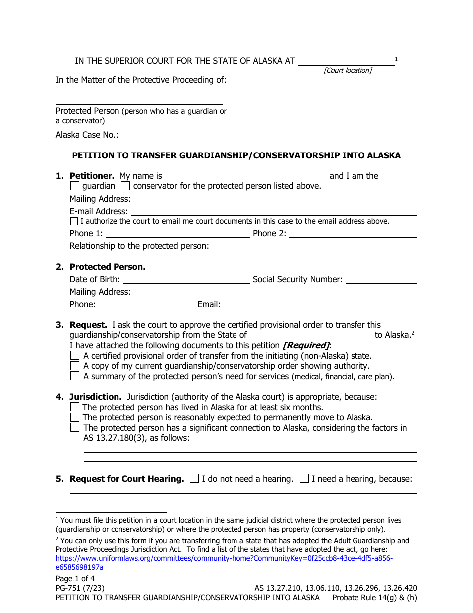Form PG-751 Petition to Transfer Guardianship / Conservatorship Into Alaska - Alaska, Page 1