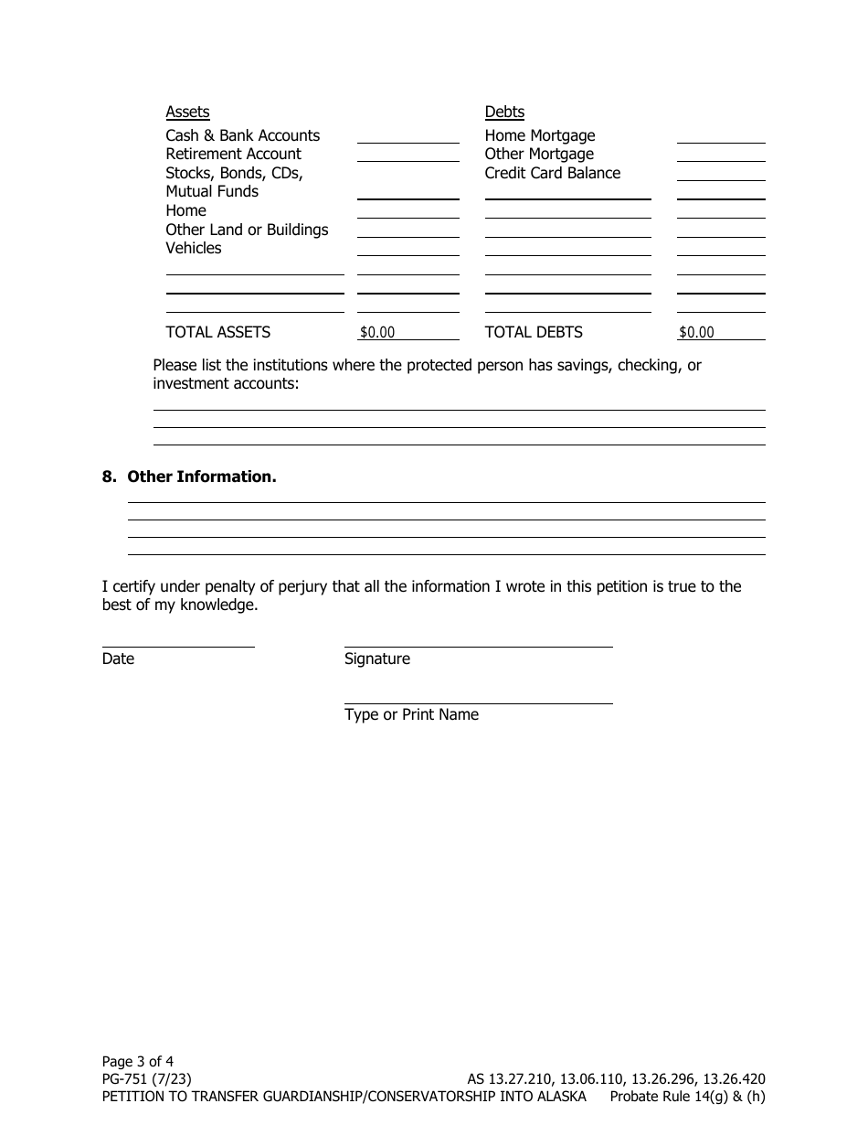 Form PG-751 Petition to Transfer Guardianship / Conservatorship Into Alaska - Alaska, Page 3