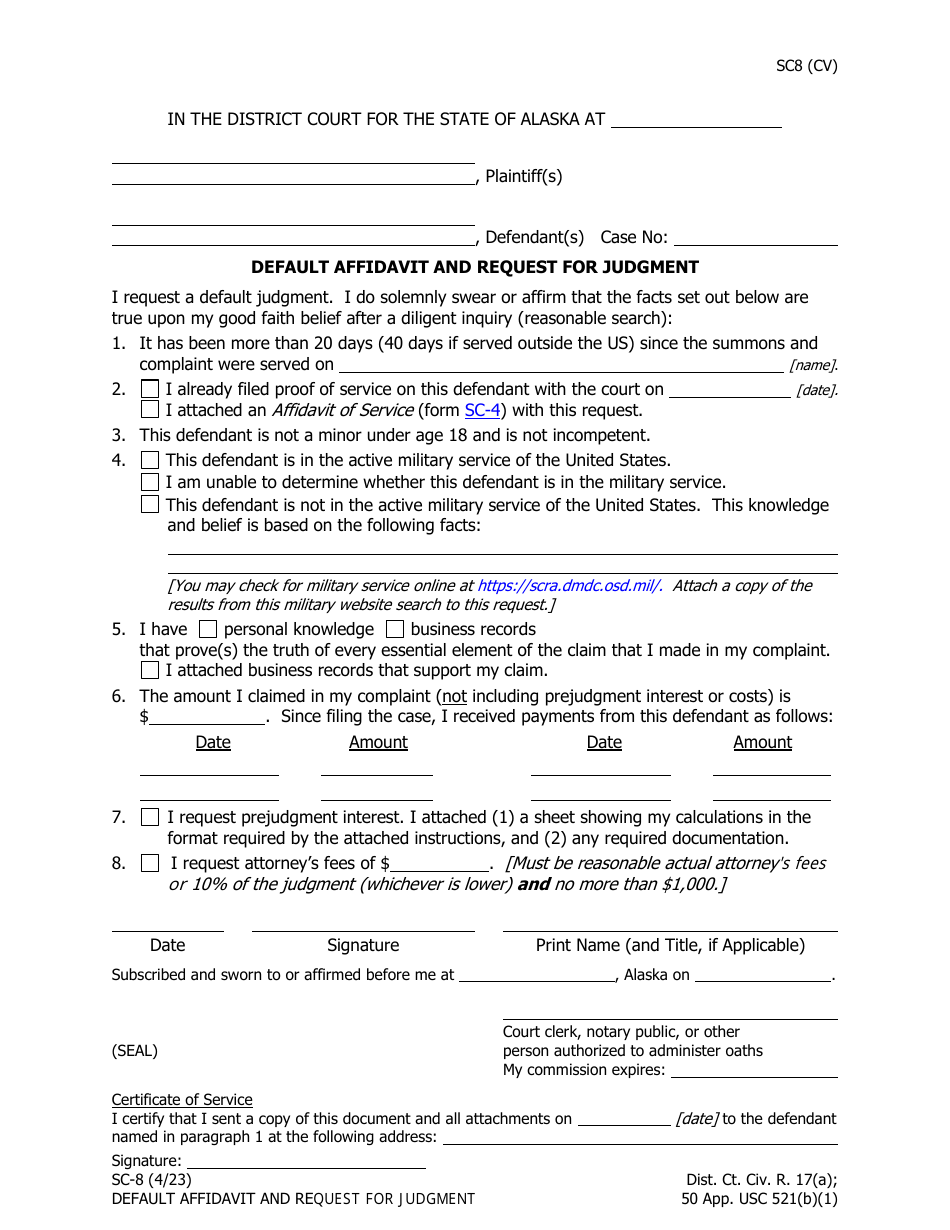 Form SC-8 Default Affidavit and Request for Judgment - Alaska, Page 1