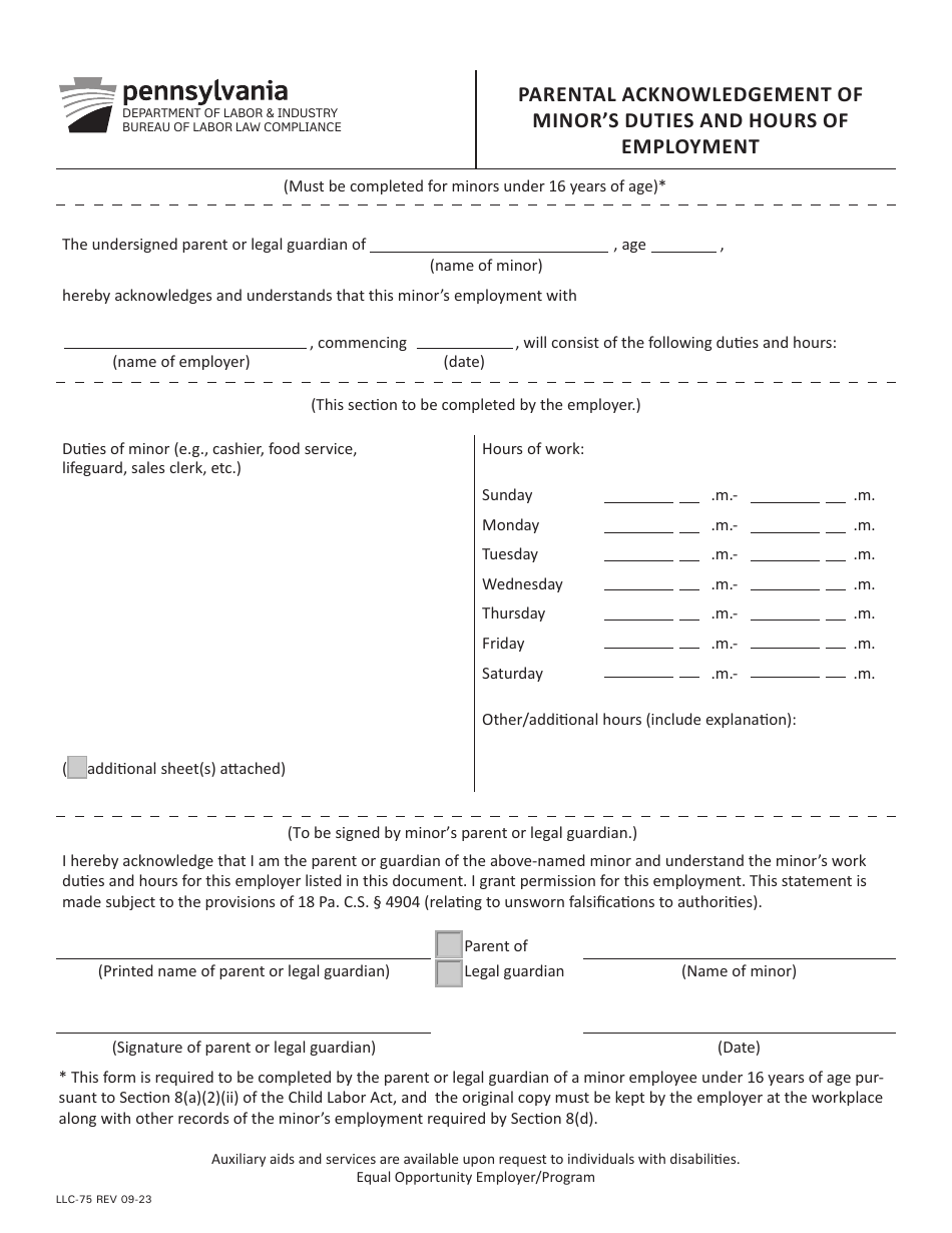 Form LLC-75 Parental Acknowledgement of Minors Duties and Hours of Employment - Pennsylvania, Page 1