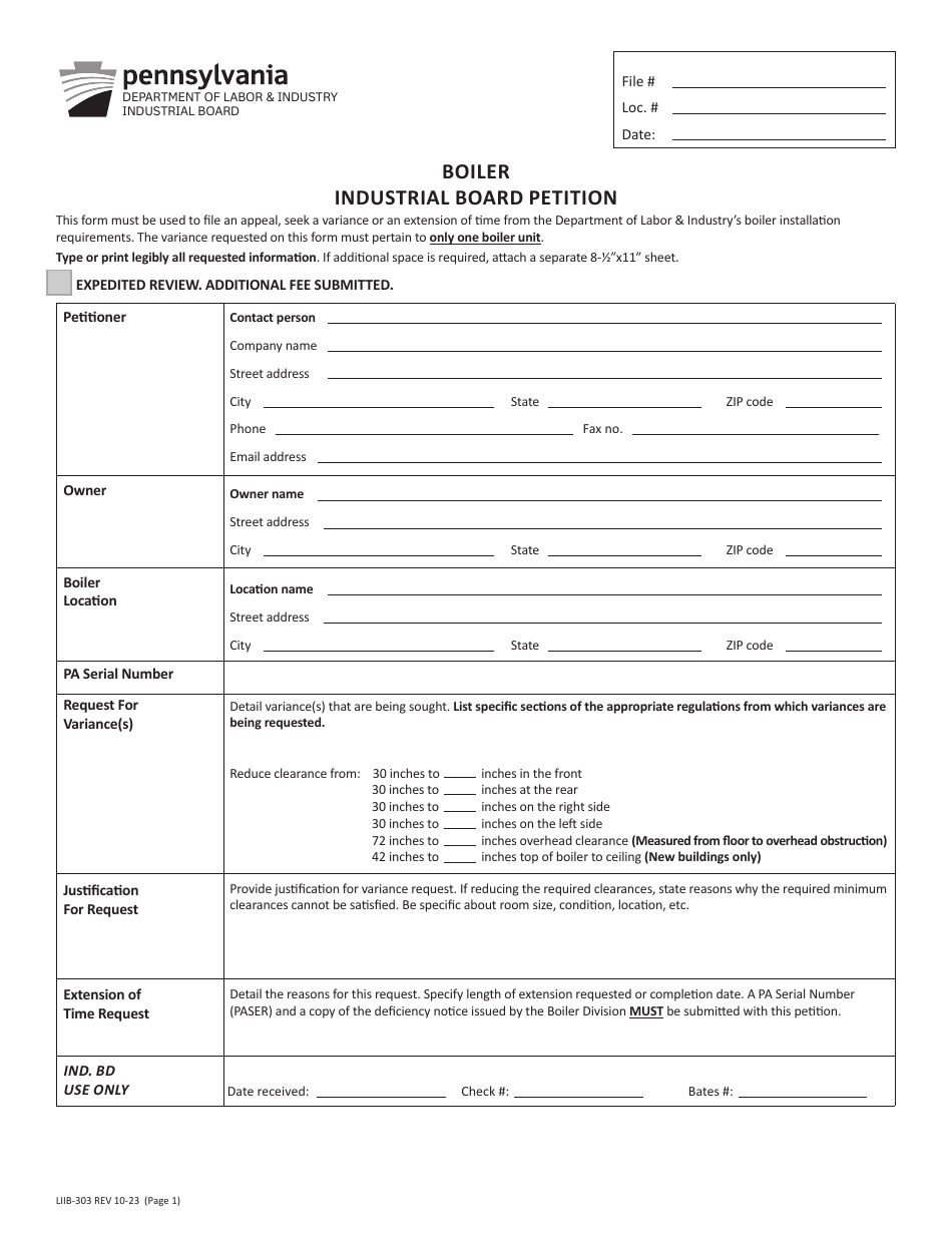 Form LIIB-303 Boiler Industrial Board Petition - Pennsylvania, Page 1