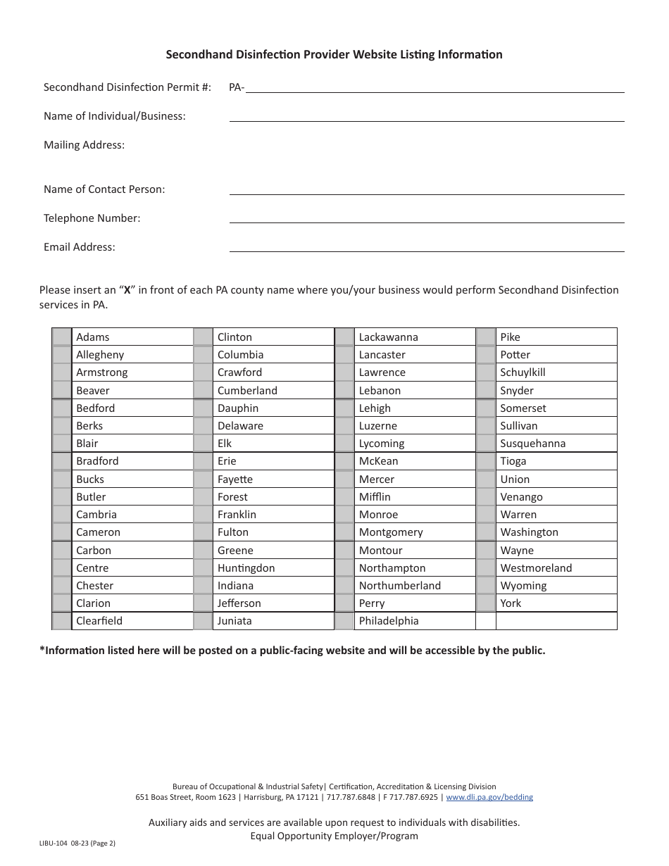 Form LIBU-104 Secondhand Disinfection Provider Website Listing Information - Pennsylvania, Page 2