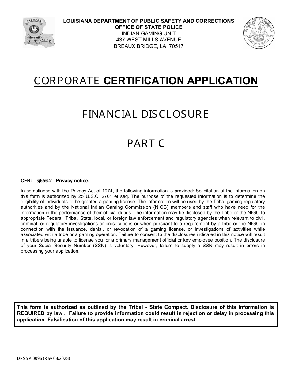 Form DPSSP0094 Part C Corporate Certification Application - Financial Disclosure - Louisiana, Page 2