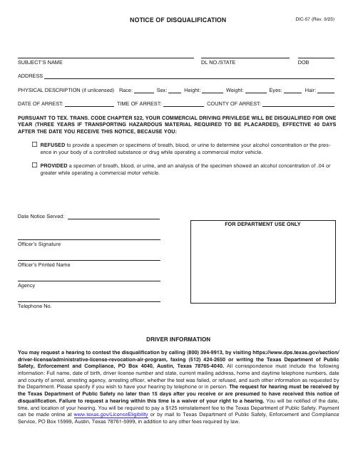 Form DIC-57 Notice of Disqualification - Texas