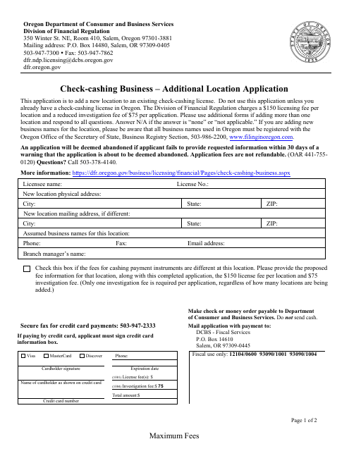 Form 440-4770 Check-Cashing Business - Additional Location Application - Oregon