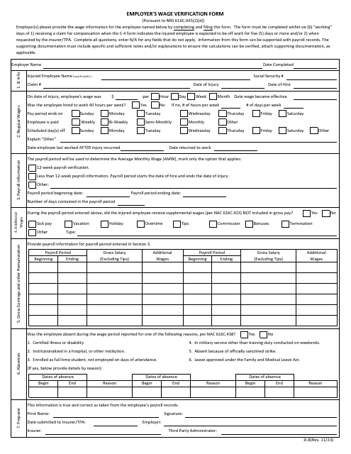 Form D-8 Employer's Wage Verification Form - Nevada
