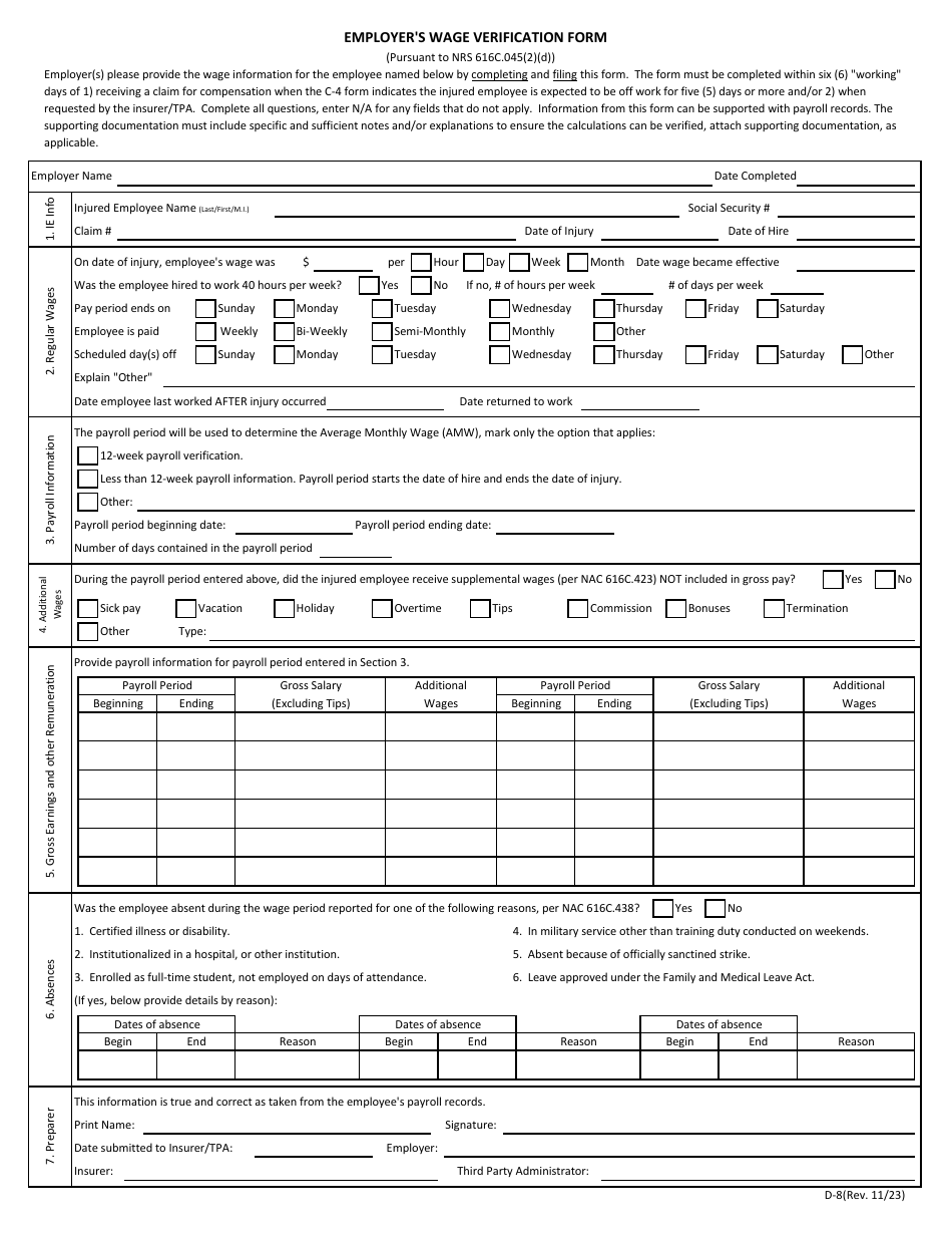 Form D-8 Employers Wage Verification Form - Nevada, Page 1