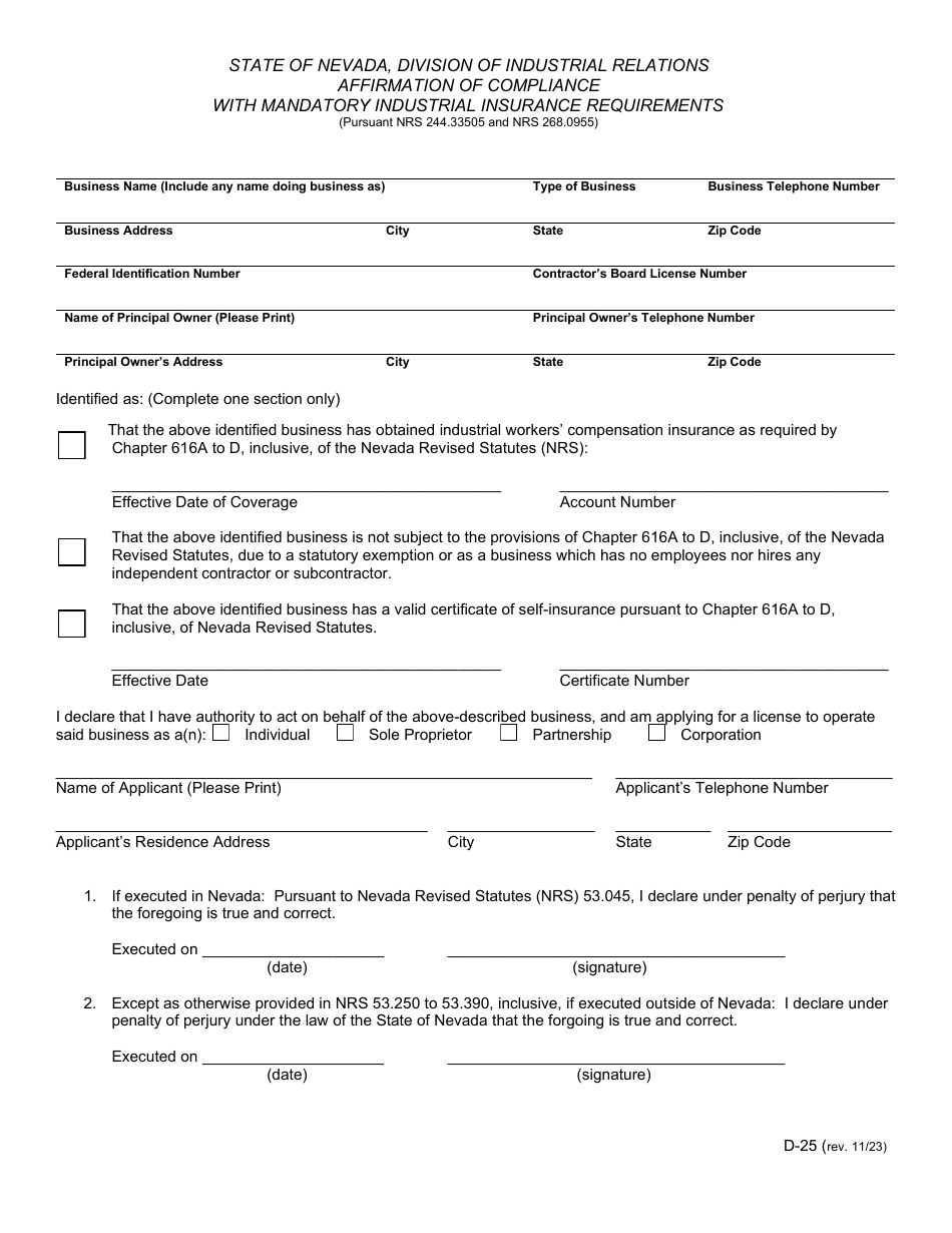 Form D-25 Affirmation of Compliance With Mandatory Industrial Insurance Requirements - Nevada, Page 1