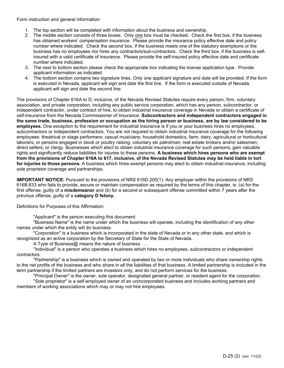 Form D-25 - Fill Out, Sign Online and Download Fillable PDF, Nevada ...