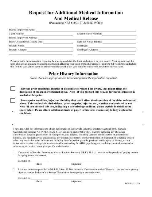 Form D-36 Request for Additional Medical Information and Medical Release - Nevada